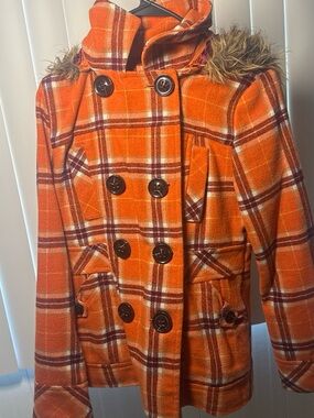 Dollhouse Orange Plaid Double-Breasted Hooded Peacoat with Faux Fur Trim